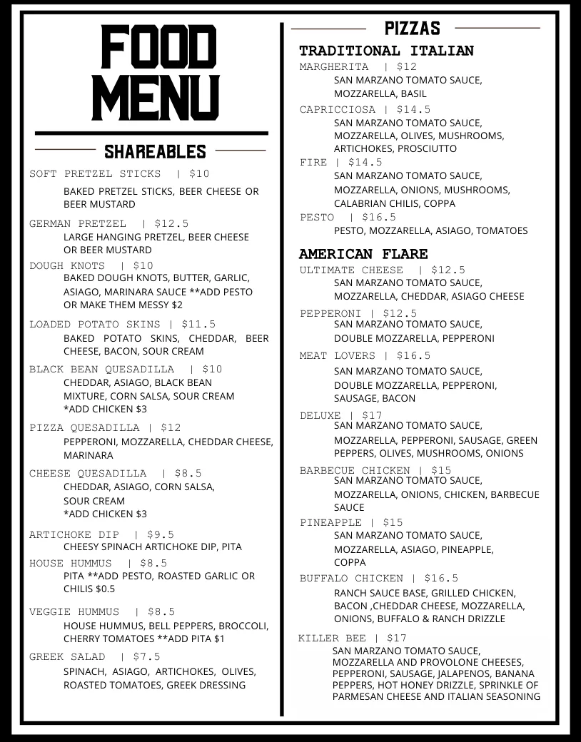 Just Tap'd food menu